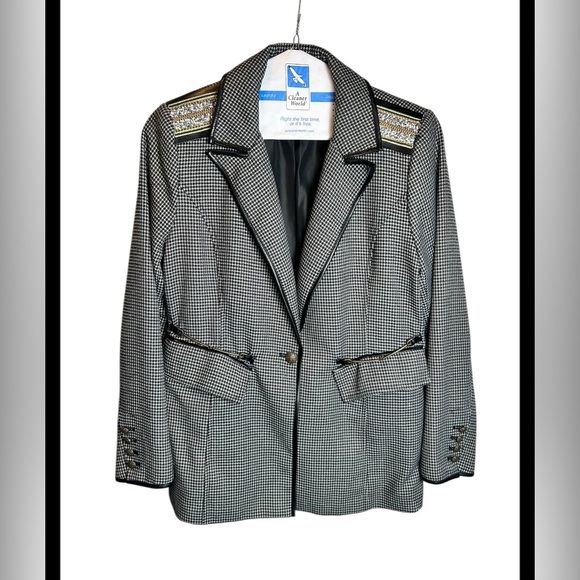Sam Edelman Embellished Military Style Black White Houndstooth Blazer Size L - Picture 2 of 8